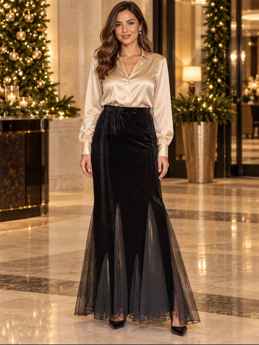 Xscape by Joanna Chen Size M Black Velvet Mesh Godet Formal Maxi Skirt